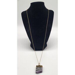 Druzy Amethyst Geode Pendant Long Necklace Purple Gold Tone